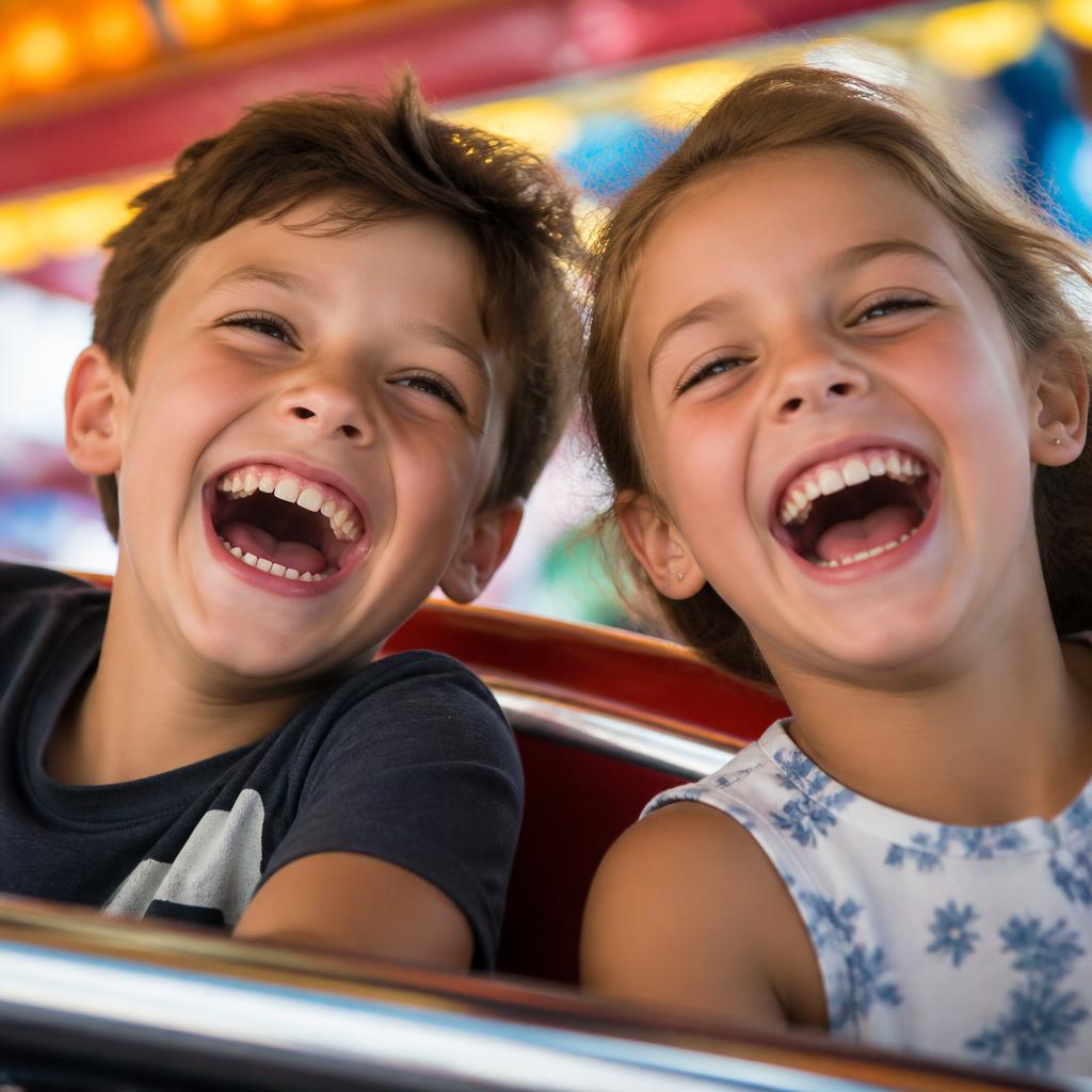 Two kids laughing on a carnival amusement ride
