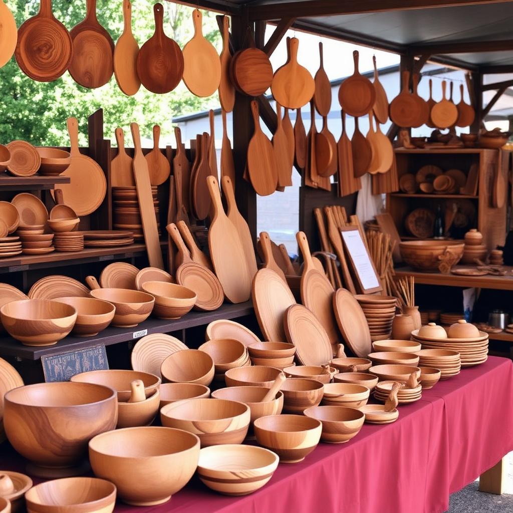 Handmade wooden bowls and boards at a craft stall