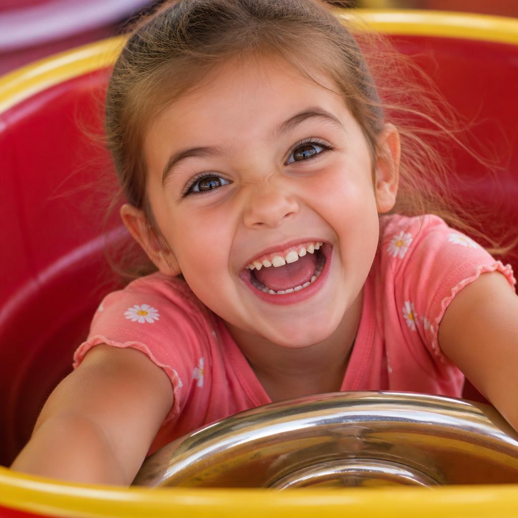 Young girl beaming on a bright carnival ride