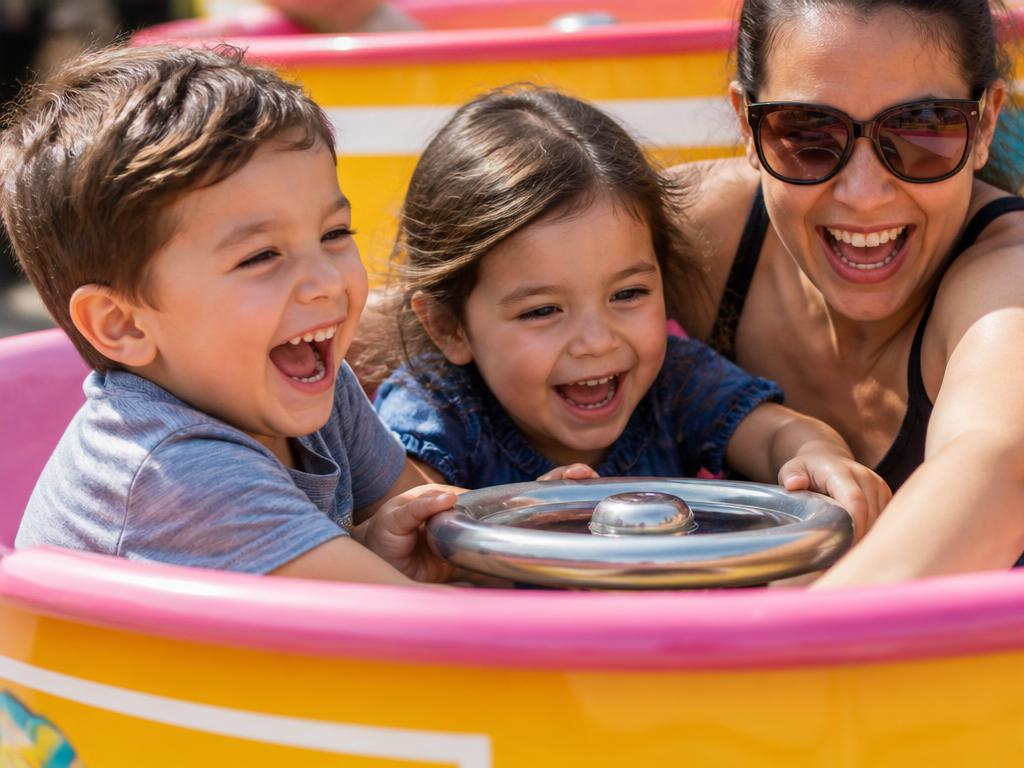 Kids and parent laughing on a colourful cup and saucer ride