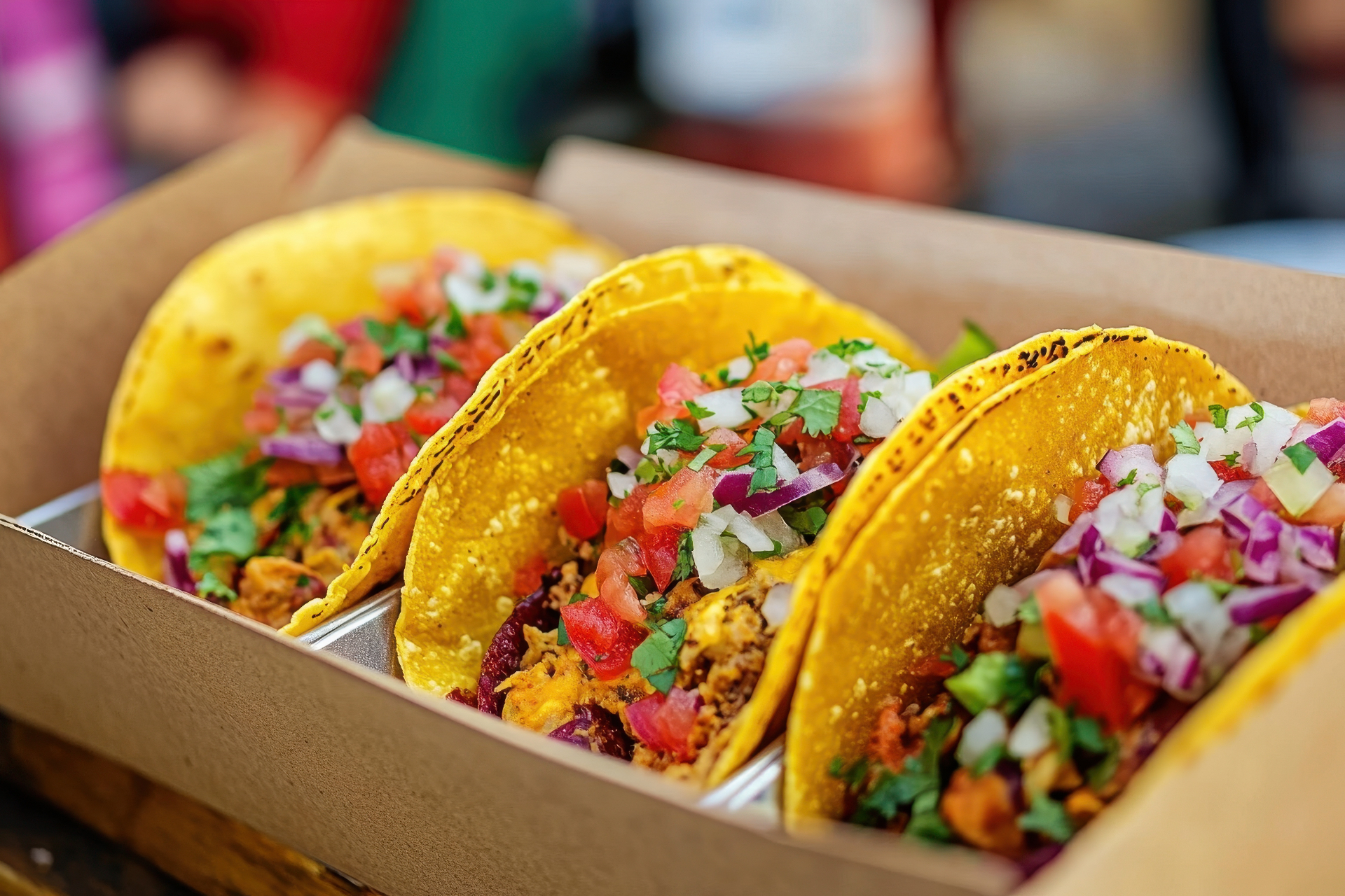 Three colourful tacos filled with fresh salsa, herbs and seasoned filling