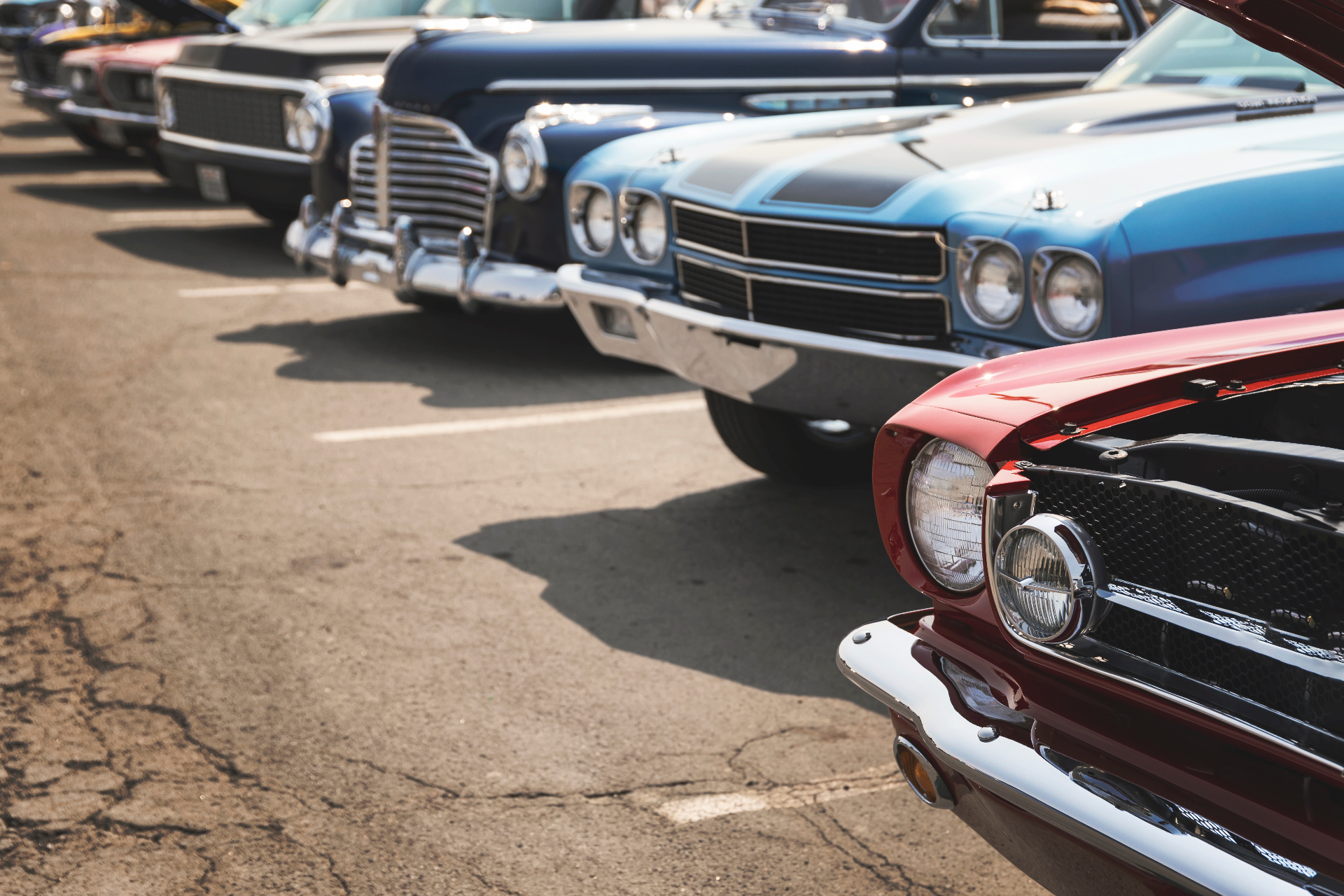Row of classic cars lined up on display