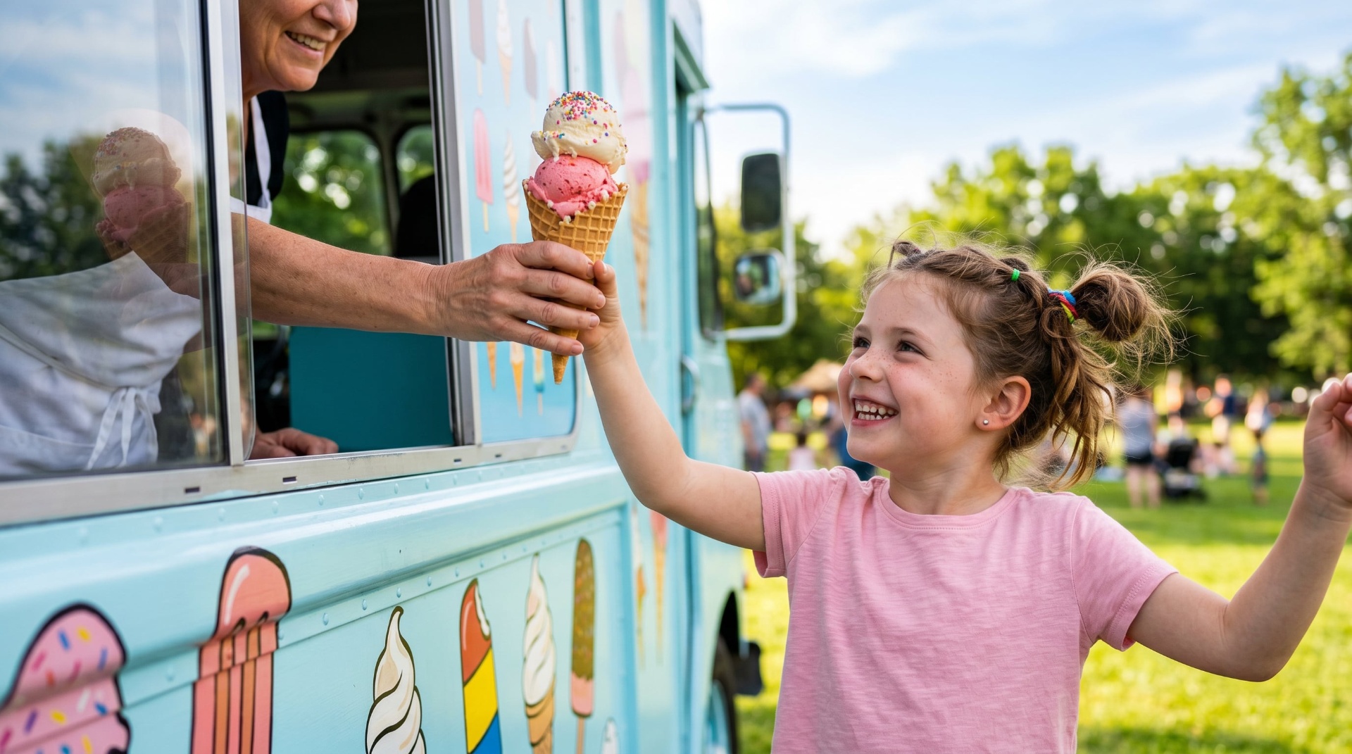 Child getting ice cream from truck