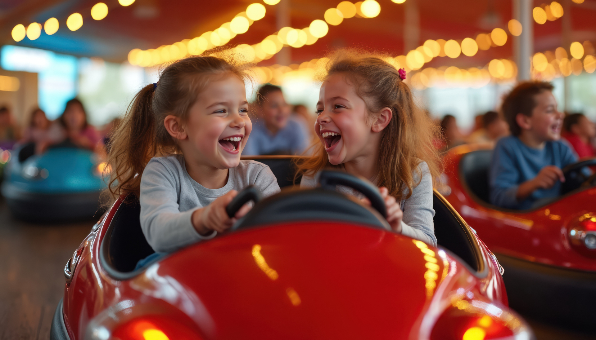 Two kids laughing while driving a red bumper car