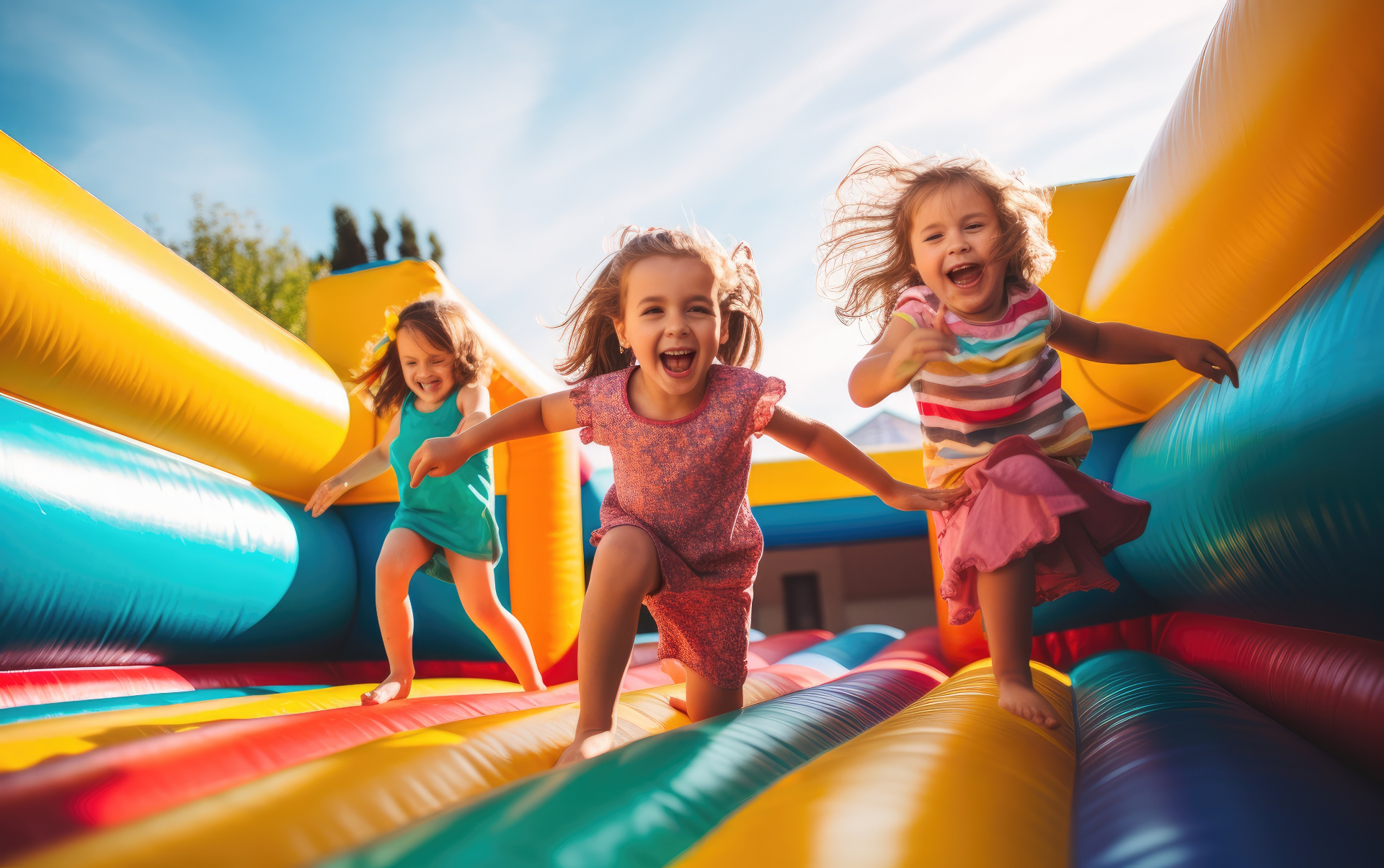 Kids laughing on an inflatable ride