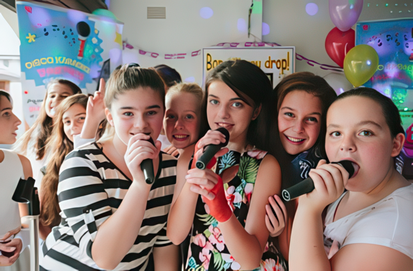 Kids singing into microphones at Bop Till You Drop