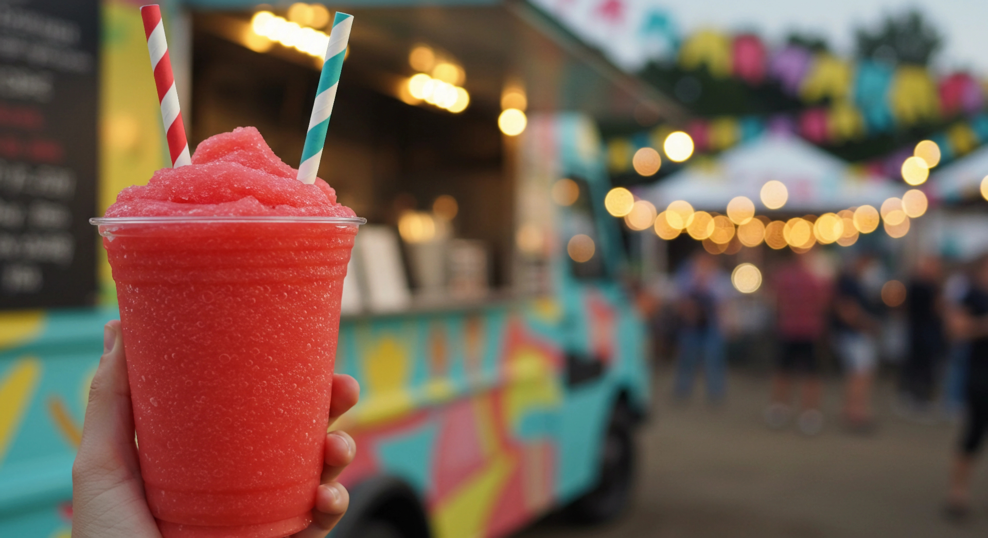 Bright red slushie held up in front of a colourful food truck