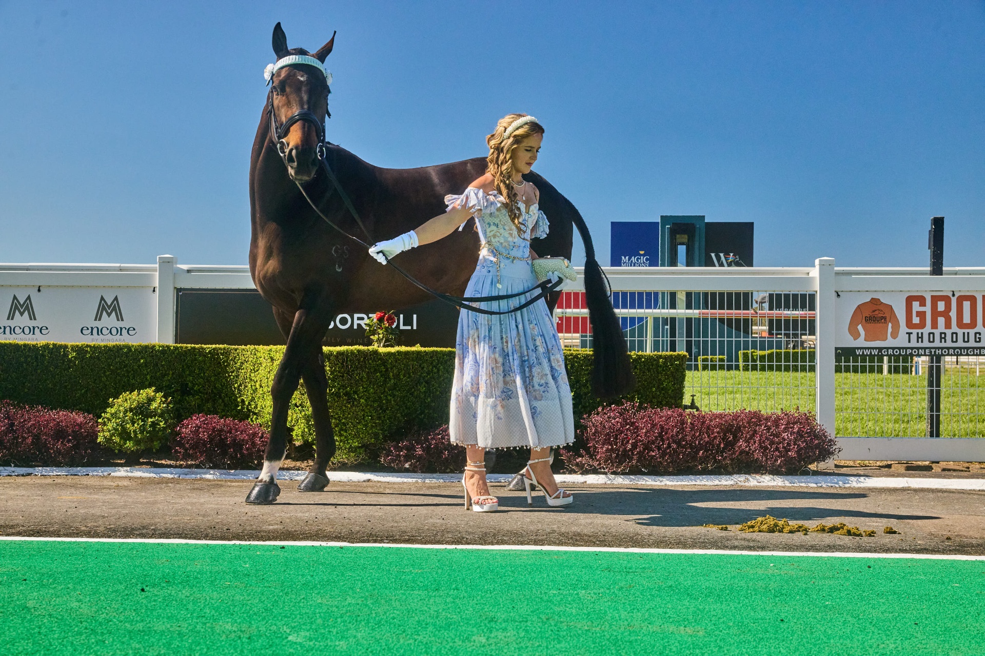 Fashions on the Field with a thoroughbred horse