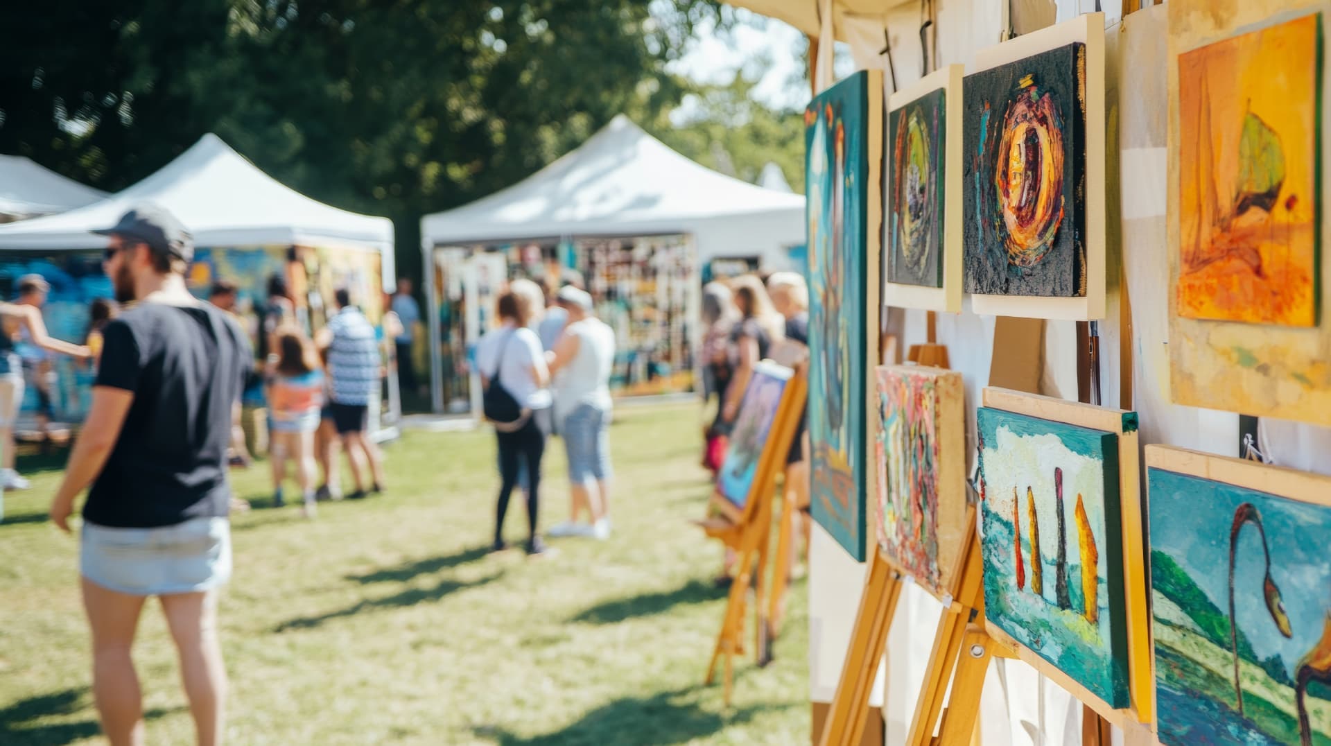 Colourful art and paintings on display at a market stall