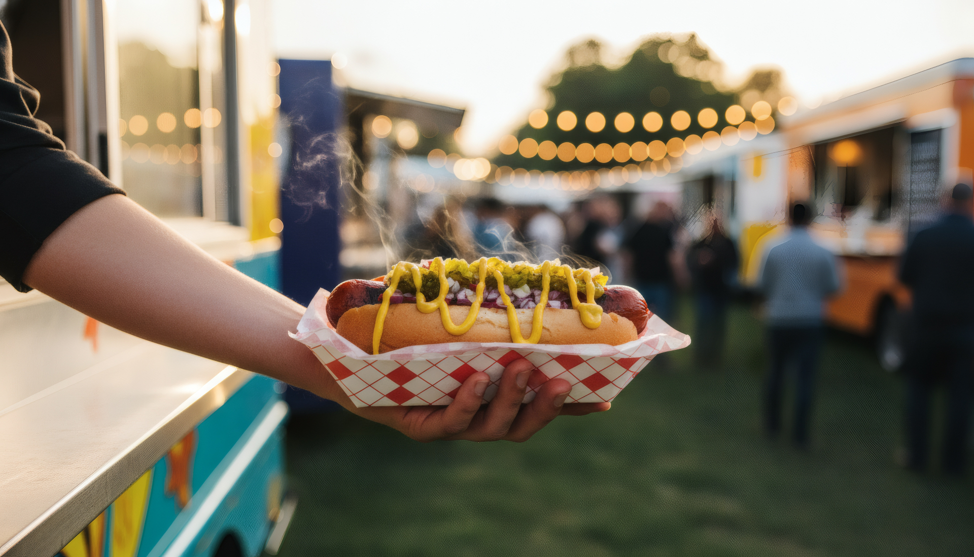 Steaming hot dog with mustard and relish held up at a food truck