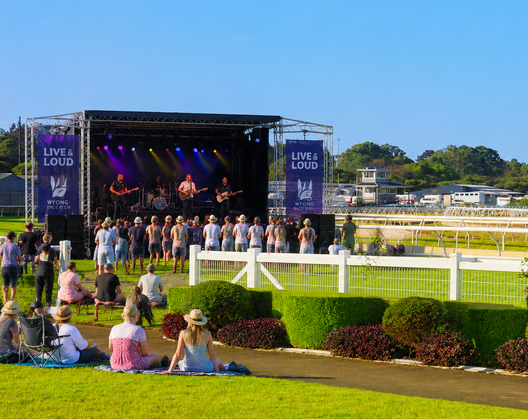 Live & Loud stage at Wyong Race Club with crowd watching band